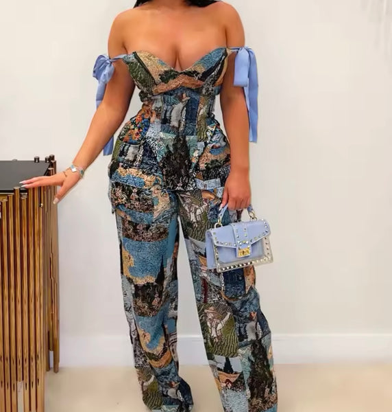 Women Printed Lace Up Strapless Two Piece Fashion Pant Set