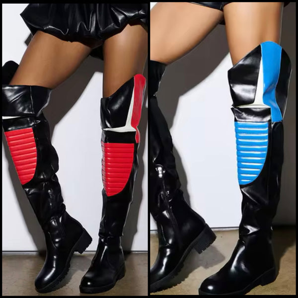 Women Fashion Color Patchwork Faux Leather Flat Knee High Boots