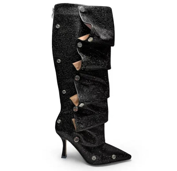 Women Fashion Pointed Toe Bling Button Knee High Boots