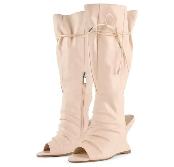 Women Fashion Open Toe Ruched Wedge Knee High Boots