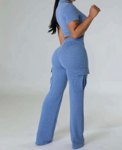 Women Solid Color Ribbed Short Sleeve Crop Two Piece Pant Set