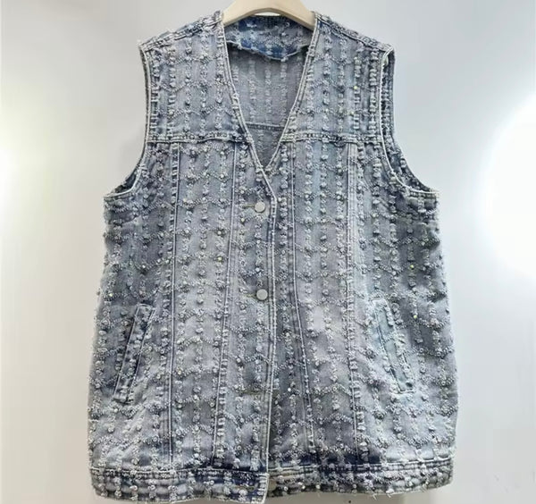 Women Fashion Button Up Sleeveless Vest Denim Two Piece Short Set