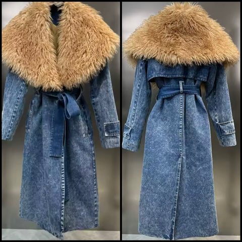 Women Fashion Faux Fur Patchwork Denim Trench Jacket