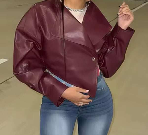 Women Fashion Burgundy PU Leather Button Crop Jacket