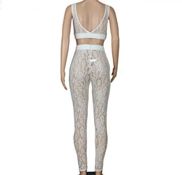 Women Sexy Sleeveless Color Crop Lace Two Piece Pant Set