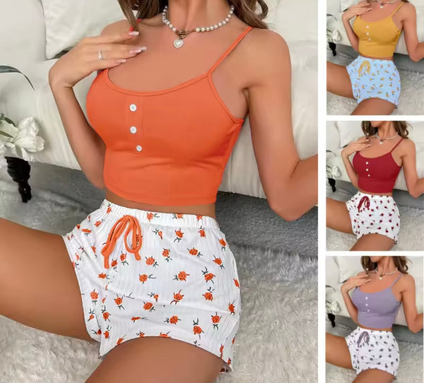 Women Sleeveless Floral Print Lingerie Short Set