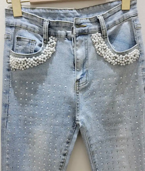 Women Fashion Bling Rivet Denim Pants