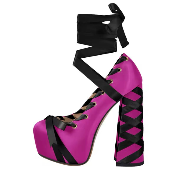 Women Color Lace Up Platform Fashion High Heels