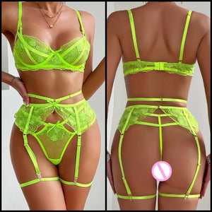 Women Neon Green Sexy Lace G-String Lingerie Set