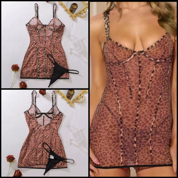 Women Sexy Leopard Mesh Nightgown Lingerie