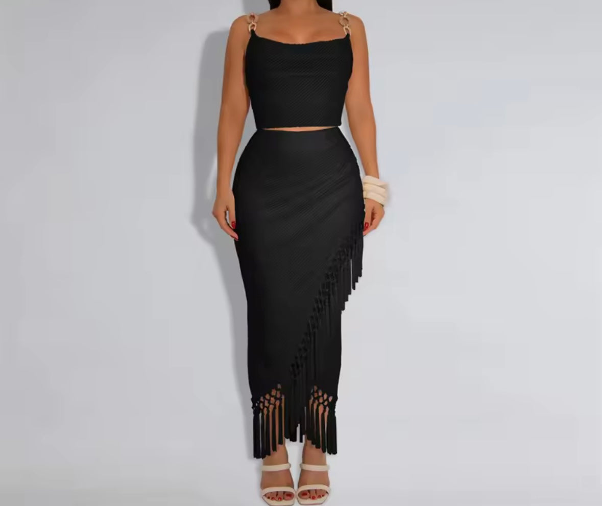Women Sexy Chain Sleeveless Fringe Two Piece Maxi Skirt Set