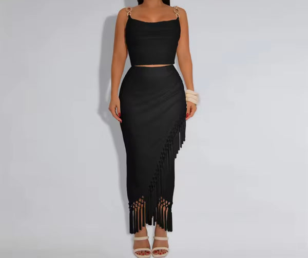 Women Sexy Chain Sleeveless Fringe Two Piece Maxi Skirt Set