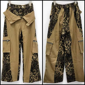 Women Fashion Khaki Leopard Patchwork Cargo Denim Pants