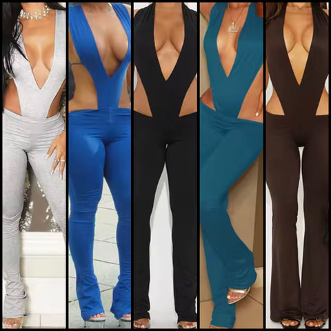 Women Sexy Deep V-Neck Sleeveless Cut Out Jumpsuit
