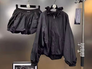 Women Fashion Zip Up Jacket Two Piece Skirt Set