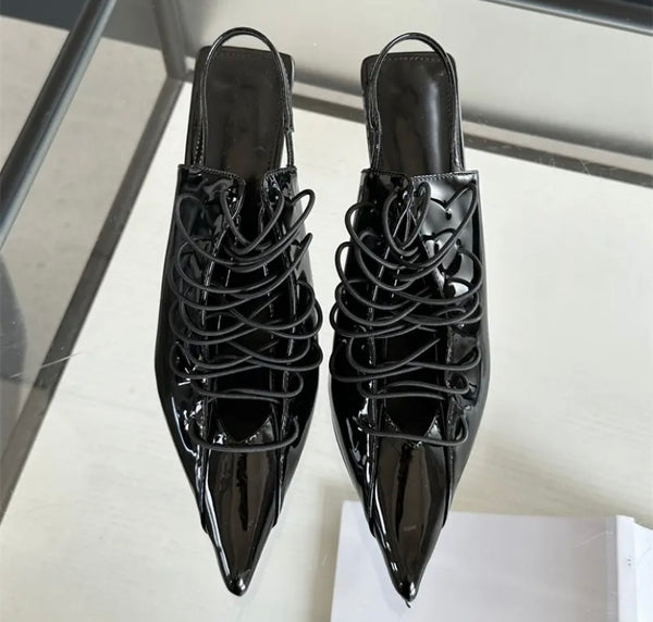 Women Pointed Toe Patent Leather Lace Up Shoes