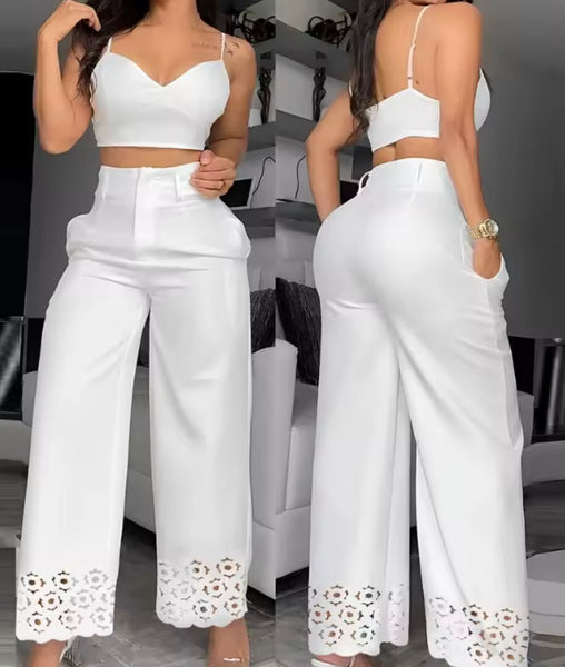 Women White Sleeveless Fashion Hollow Out Two Piece Pant Set