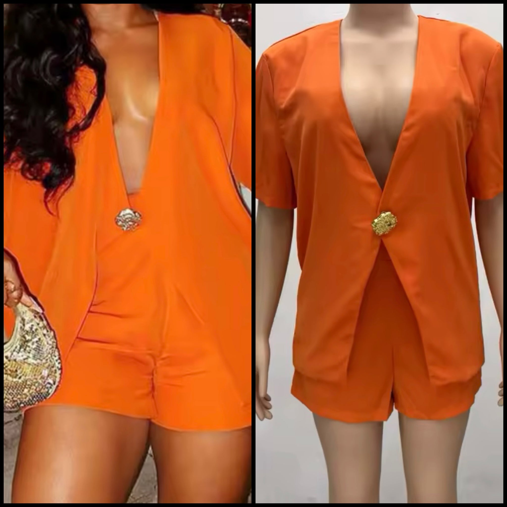 Women Sexy Orange Gold Button Short Sleeve Two Piece Short Set