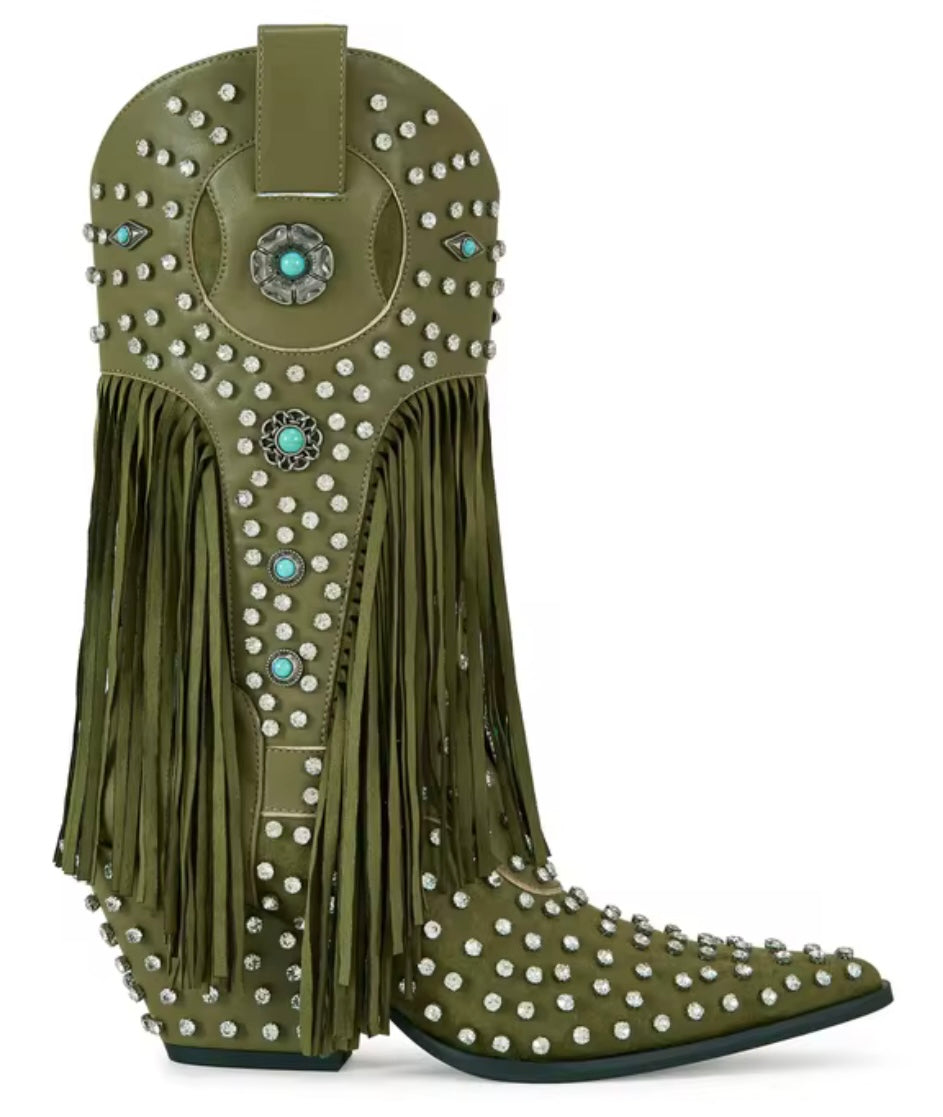 Women Color Rhinestone Fringe Tassel Fashion Western Boots