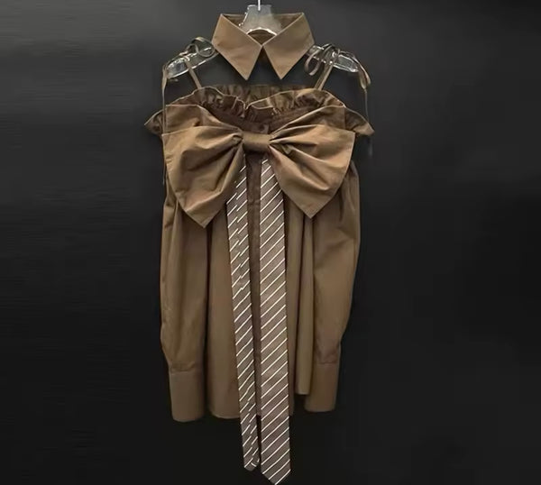Women Collar Off The Shoulder Striped Bow Two Piece Short Set