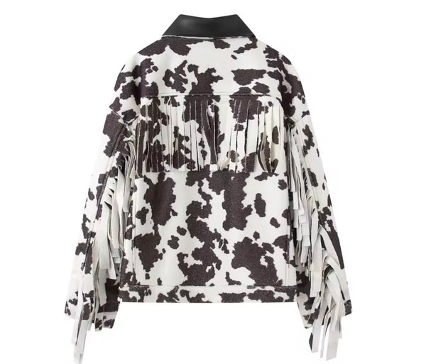 Women Fashion Animal Print Fringe Tassel Jacket
