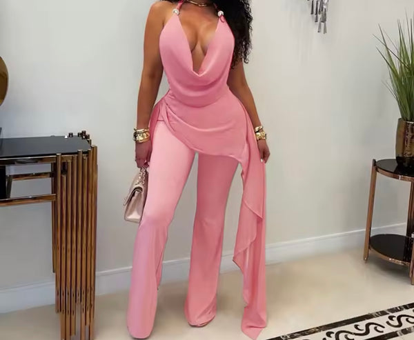 Women Sexy Pink Halter Open Back Sleeveless Jumpsuit