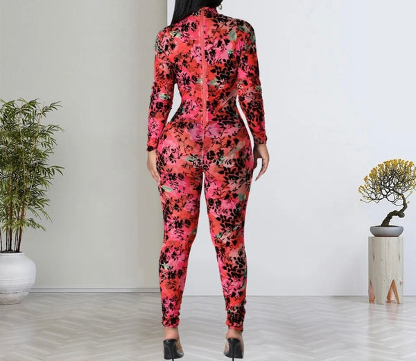 Women Sexy Full Sleeve Floral Mesh Jumpsuit