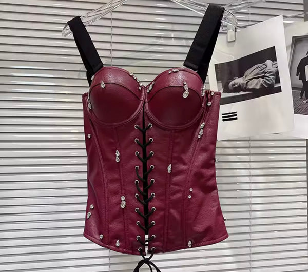 Women Sleeveless Rhinestone Faux Leather Corset Top