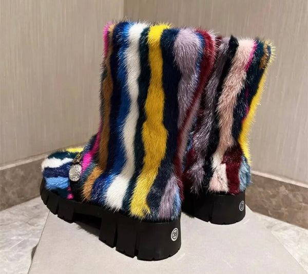 Women Fashion Multicolored Bling Faux Fur Boots