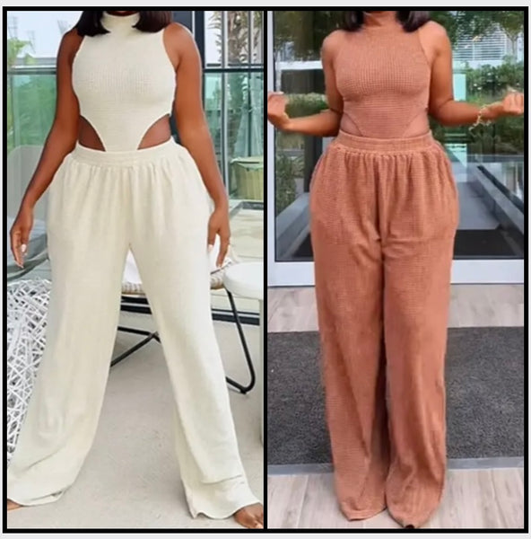 Women Sexy Sleeveless Solid Color Two Piece Bodysuit Pant Set