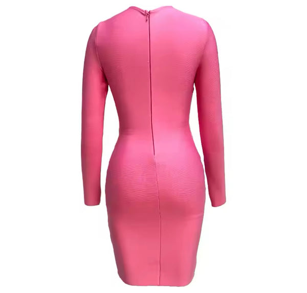 Women Sexy Pink Metal Cut Out Full Sleeve Dress