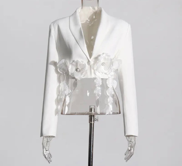 Women White Floral Patchwork Crop Blazer Top