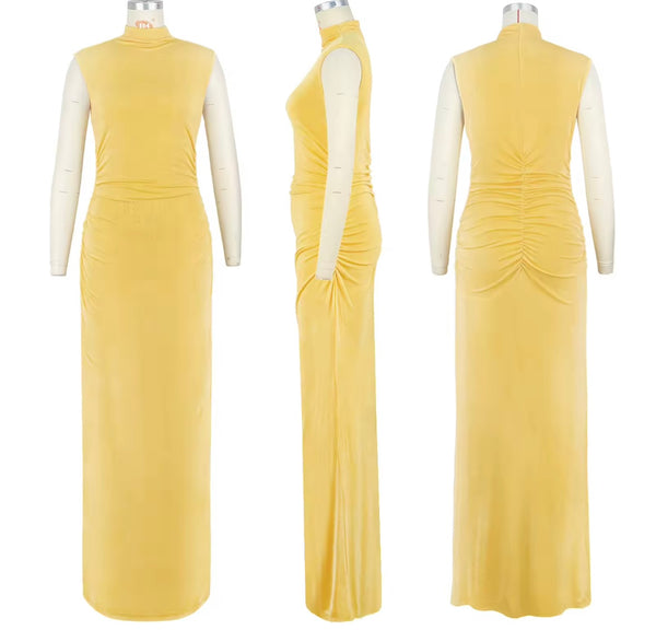 Women Sexy Sleeveless Solid Color Ruched Maxi Dress