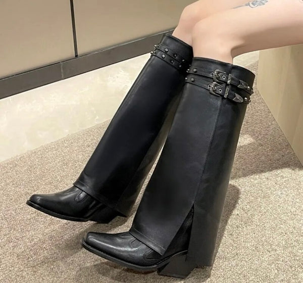 Women Knee High Buckled Black Fashion Boots