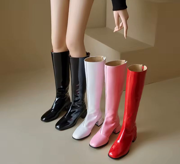 Women Color Patent Leather Fashion Flat Knee High Boots