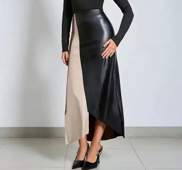 Women Fashion Color Patchwork Faux Leather Maxi Skirt