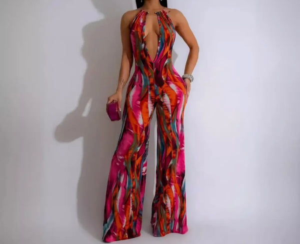 Women Sexy Colorful Print Halter Sleeveless Sexy Jumpsuit