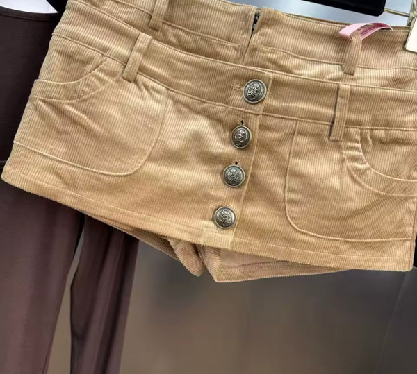 Women Sexy Fashion Khaki Corduroy Button Up Skirt