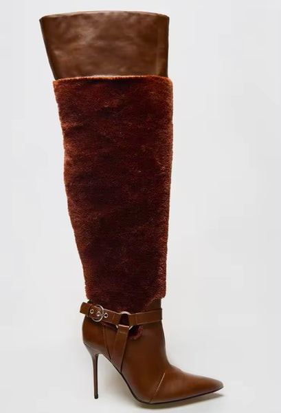 Women Fashion Brown Faux Leather Fur Patchwork Knee High Boots