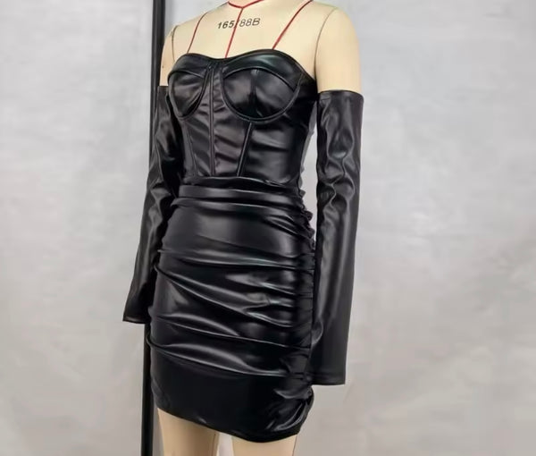 Women Black Sexy Off The Shoulder Faux Leather Full Sleeve Dress