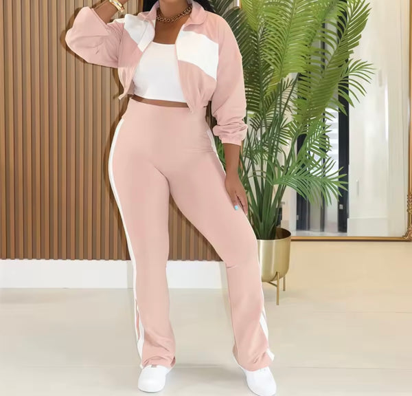 Women Color Patchwork Zip Up Tracksuit Two Piece Pant Set