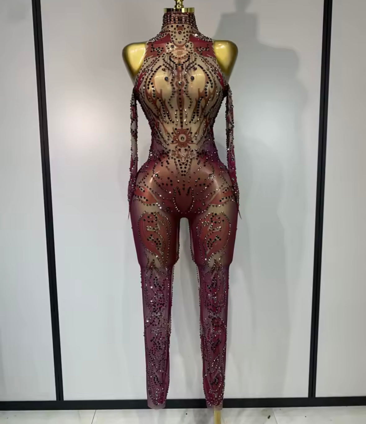 Women Color Rhinestone Mesh Full Sleeve Jumpsuit