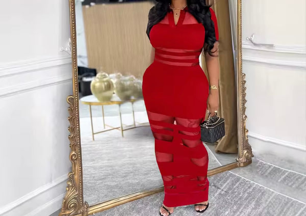 Women Sexy Short Sleeve Solid Color Mesh Patchwork Maxi Dress
