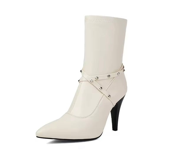 Women Color Pointed Toe Criss-Cross Rivet High Heel Ankle Boots