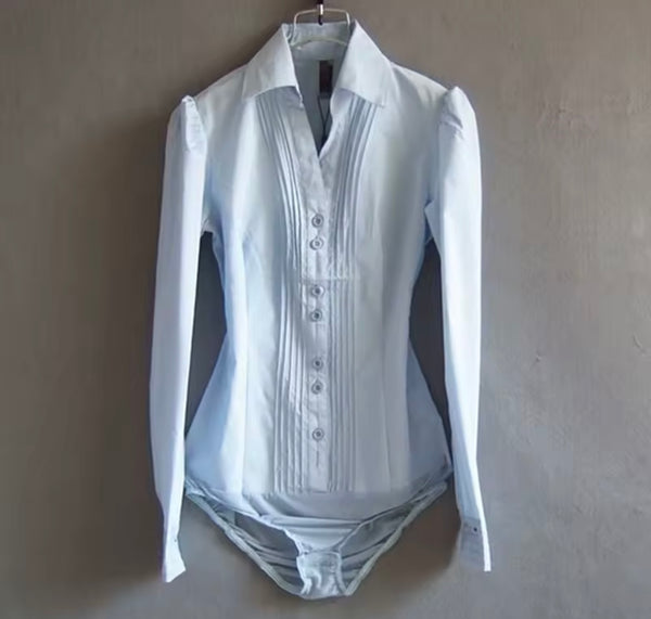 Women Fashion Button Up Full Sleeve Collar Bodysuit Top