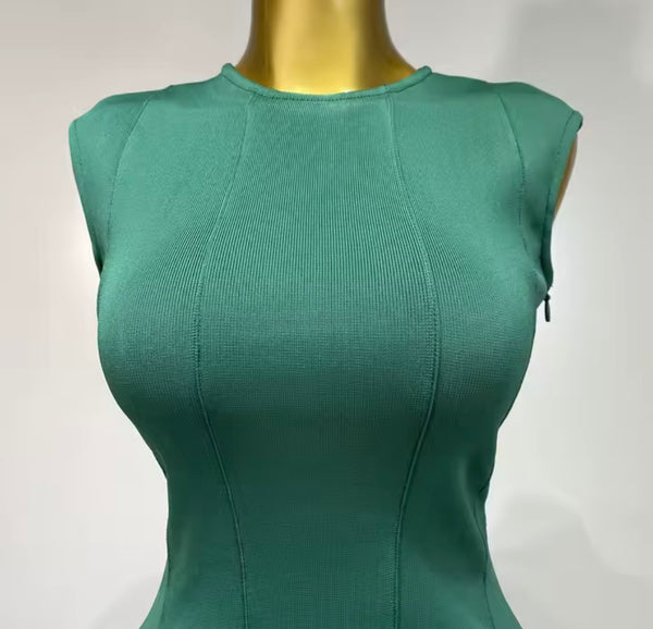 Women Sexy Sleeveless Green Open Back Tassel Bandage Dress
