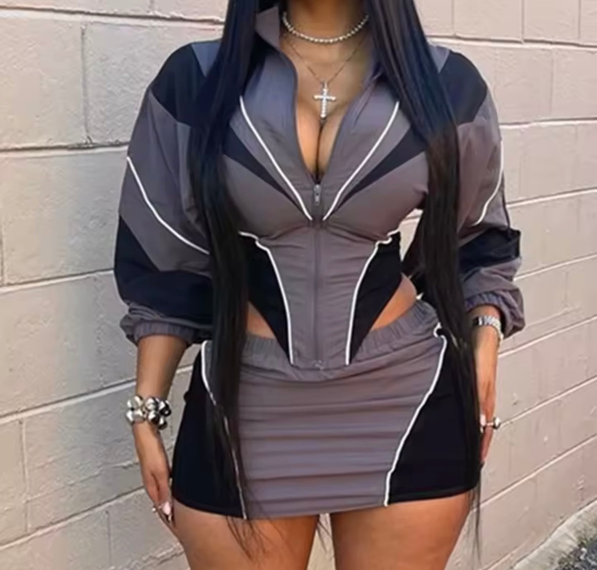 Women Fashion Full Sleeve Zip Up Color Patchwork Two Piece Skirt Set