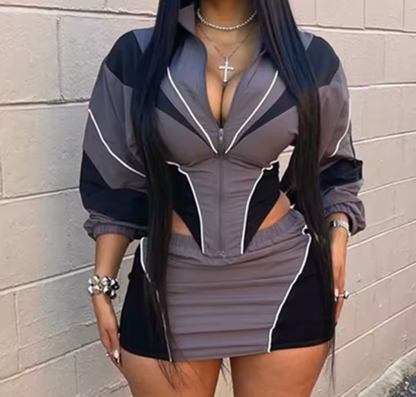 Women Fashion Full Sleeve Zip Up Color Patchwork Two Piece Skirt Set