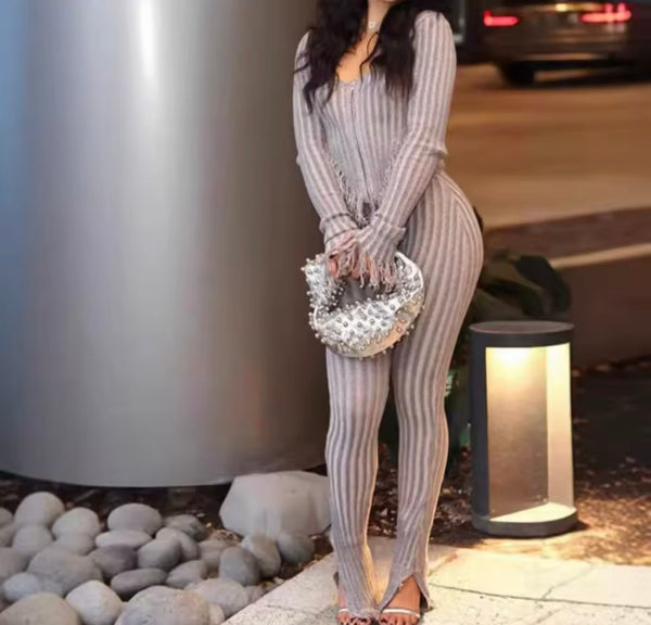 Women Gray Ribbed Fringe Full Sleeve Fashion Two Piece Pant Set
