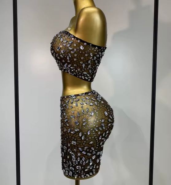 Women Sexy Strapless Mesh Rhinestone Two Piece Skirt Set